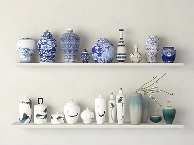 Traditional And Modern Ceramic Vessels Displayed On White Shelves With Blue White And Green Designs 3d model