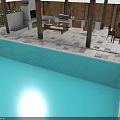 Outdoor Wooden Dining Furniture Set With Poolside Patio And Green Garden Plants