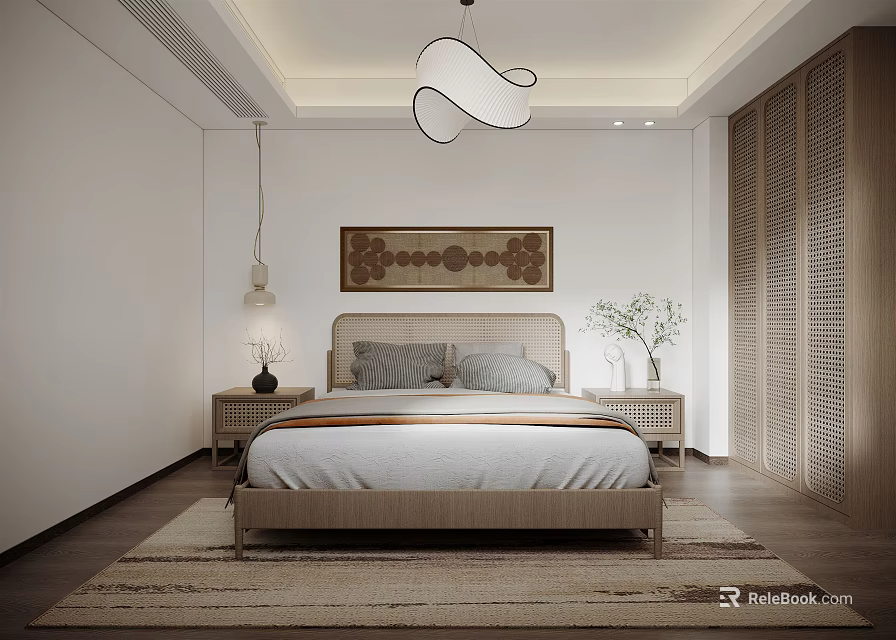 Modern Bedroom Interior With Wooden Headboard Nightstands Pendant Light And Area Rug 3d model 