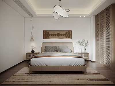 Modern Bedroom Interior With Wooden Headboard Nightstands Pendant Light And Area Rug 3d model