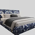 Blue and White Patterned Double Bed with Decorative Headboard Footboard and Pillows 3d model