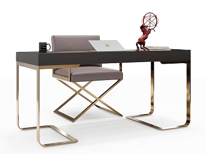 Modern Black Desk With Gold Legs Gray Chair Laptop Mug Red Decor And Books 3d model