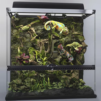 Naturalistic Aquarium Terrarium Setup With Chameleons Branches Moss And Live Plants 3d model