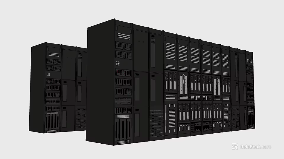 Black Computer Server Racks with Multiple Units Slots and Interface Panels in Data Center Setup 3d model