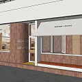 Modern Storefront with White Awning Red Brick Walls Glass Windows and Orange Bench