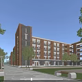 Red Brick Multi Story School Building Exterior With Trees Lawn Walkway And Benches