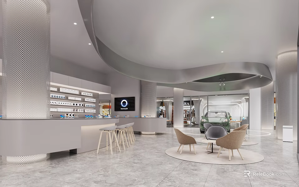 Modern Interior Design Reception Area With Curved Ceiling White Desk Display Shelves And Circular Seating 3d model 