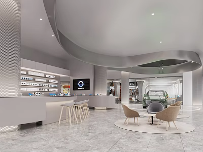 Modern Interior Design Reception Area With Curved Ceiling White Desk Display Shelves And Circular Seating 3d model