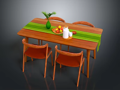Wooden Dining Table Set with Four Chairs Green Table Runner and Fruit Plate 3d model