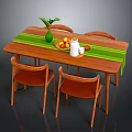 Wooden Dining Table Set with Four Chairs Green Table Runner and Fruit Plate