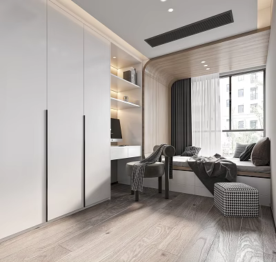 Modern Tatami Bedroom Interior Design With Built in Wardrobe Desk Window Curtains And Pillows 3d model