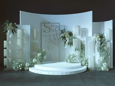 Wedding Photo Spot With White Curved Backdrop Floral Decor Letter Accents And Round Stage 3d model