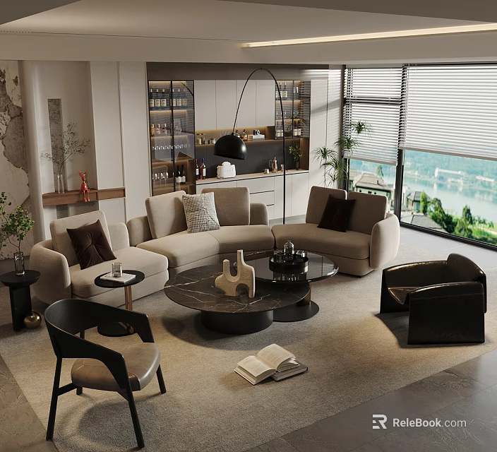 Modern Living Room Sofa And Coffee Table Set With Throw Pillows And Window View 3d model 