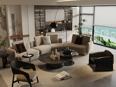 Modern Living Room Sofa And Coffee Table Set With Throw Pillows And Window View 3d model