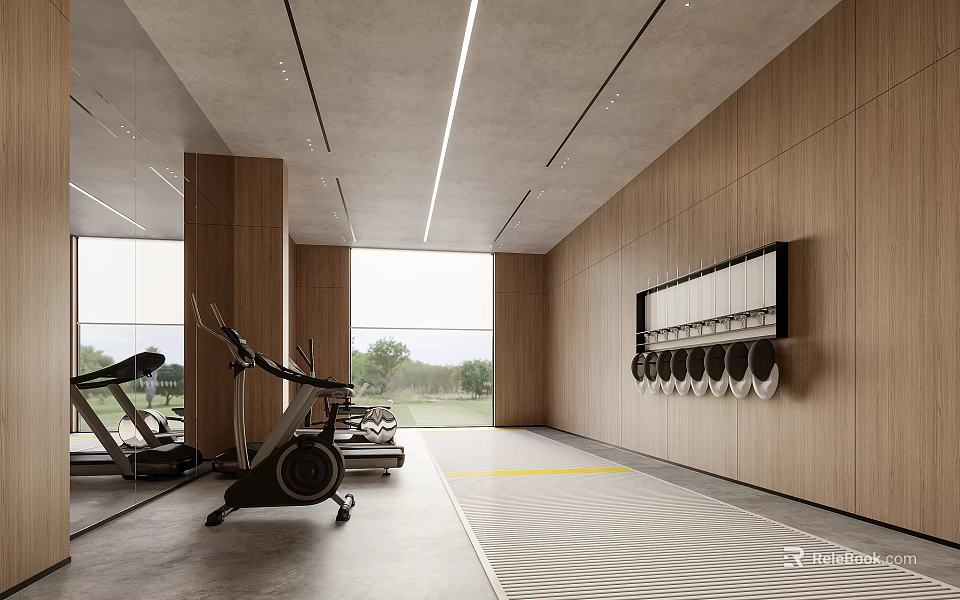 Modern Fitness Entertainment Room Featuring Wooden Walls Large Windows Wall Mounted Rings And Exercise Equipment 3d model 