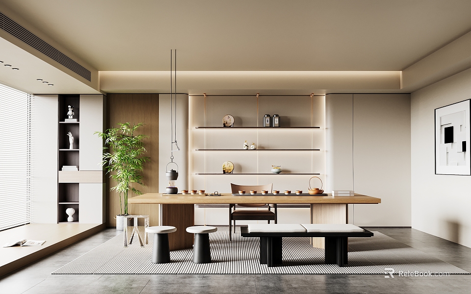 Serene Modern Tea Room Interior With Wooden Table Tea Sets Green Plants And Decorative Shelves 3d model 