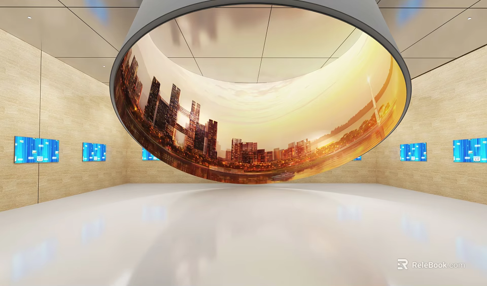 Modern Exhibition Hall Featuring Large Circular Screen with Cityscape Sunset and Sleek Floor 3d model 