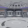 Cartoon Sci Fi Control Room Scene With Control Panels Round Floor And Blue Lights