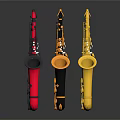 Red Black and Gold Saxophones with Shiny Reflective Surfaces on Dark Background
