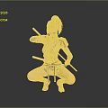 Female Ninja Warrior In Combat Outfit Holding Swords In Crouched Pose