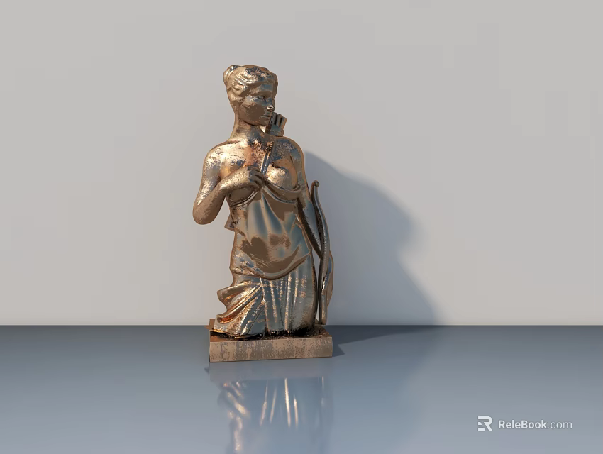Swing Door With Gold Female Harp Statue On Gray Surface And Wall 3d model 