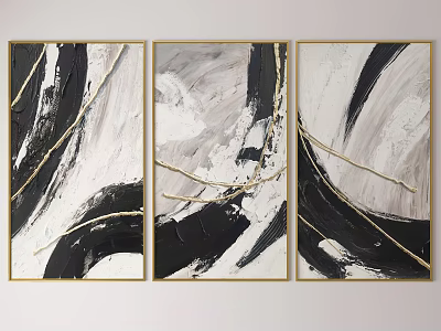Abstract Painting Three Panel Black White Gray With Gold Accents And Gold Frame 3d model