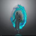 Female Mystical Robed Mage Summoning Blue Glowing Energy Creature With Magical Orbs