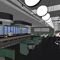 Modern Café Interior With Black Bar Counter High Stools Striped Ceiling And Large Windows