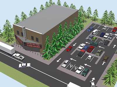 Community Center Building Surrounded By Green Trees With Parking Lot And Cars 3d model