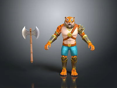 3D Tiger Warrior Character With Golden Armor Blue Pants And Axe Weapon 3d model