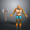 3D Tiger Warrior Character With Golden Armor Blue Pants And Axe Weapon 3d model
