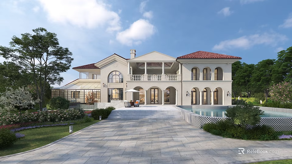 Elegant Detached Villa Exterior Design With Red Roof White Walls Arched Windows And Front Driveway 3d model 