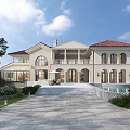 Elegant Detached Villa Exterior Design With Red Roof White Walls Arched Windows And Front Driveway
