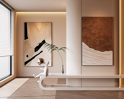 Modern Interior With Art Paintings Sculpture Plant And Window Blinds 3d model