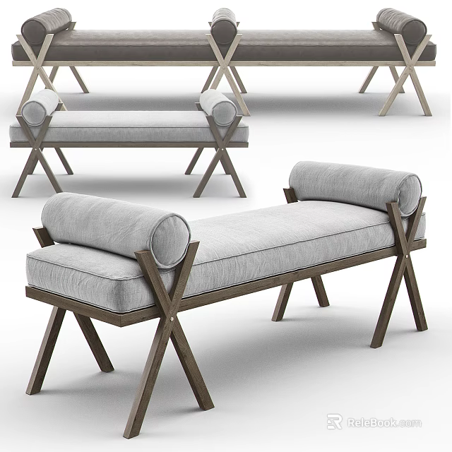 Modern Stylish Bench With Gray Cushion And Wooden Crossed Legs Design 3d model 