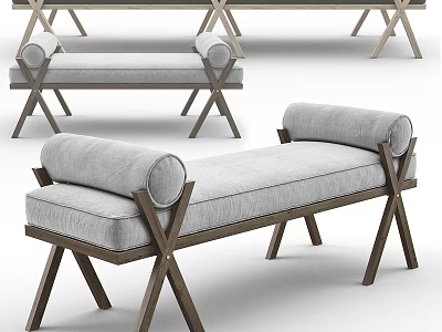 Modern Stylish Bench With Gray Cushion And Wooden Crossed Legs Design 3d model