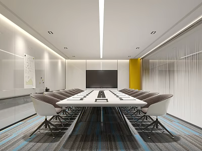 Modern Conference Room Design With Long Table Multiple Chairs Large Screen And White Walls 3d model