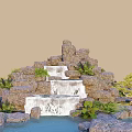 Natural Rock Waterfall Landscape With Bonsai Tree Small Pond And Green Plants