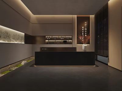 Modern Hotel Lobby Interior With Reception Desk Ambient Lighting And Decorative Vase 3d model
