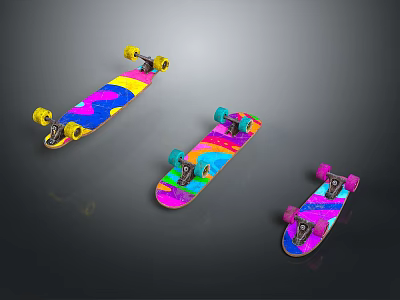 Colorful Skateboards With Vibrant Patterns And Yellow Blue Pink Wheels 3d model
