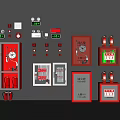 Wall Mounted Fire Safety Equipment With Red Extinguishers Cabinets And Alarm Devices