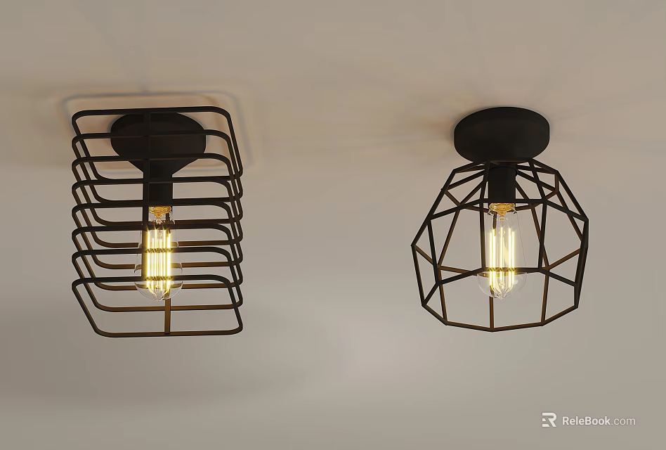 Modern Black Metal Ceiling Lights with Square and Geometric Grid Design Exposed Bulb Warm Light 3d model 