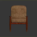 Brown Upholstered Armchair With Red Wooden Arms And Legs And Button Tufted Back