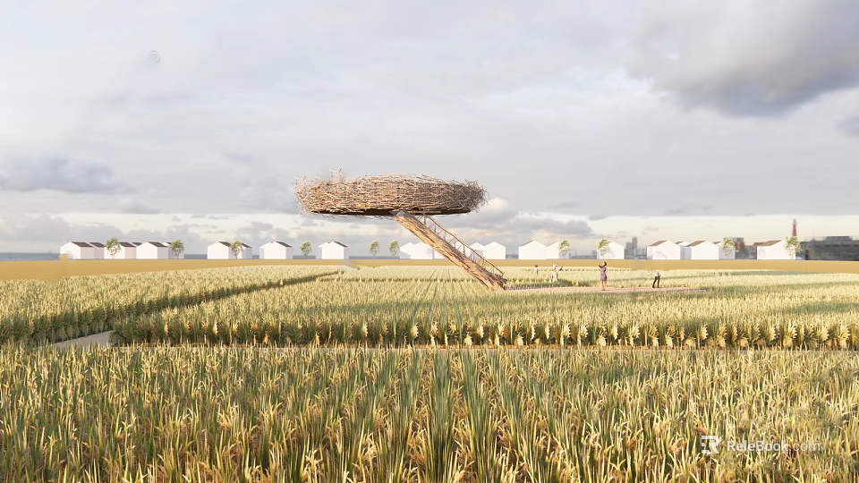 Nest Shaped Viewing Platform in Golden Rice Field with Wooden Ladder and White Houses 3d model 
