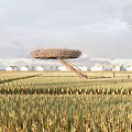 Nest Shaped Viewing Platform in Golden Rice Field with Wooden Ladder and White Houses