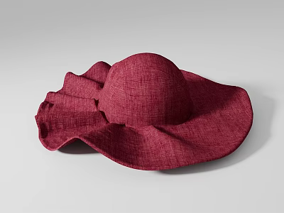 Maroon Wide Brim Hat with Ruffled Details Soft Fabric Fashionable Summer Accessory 3d model