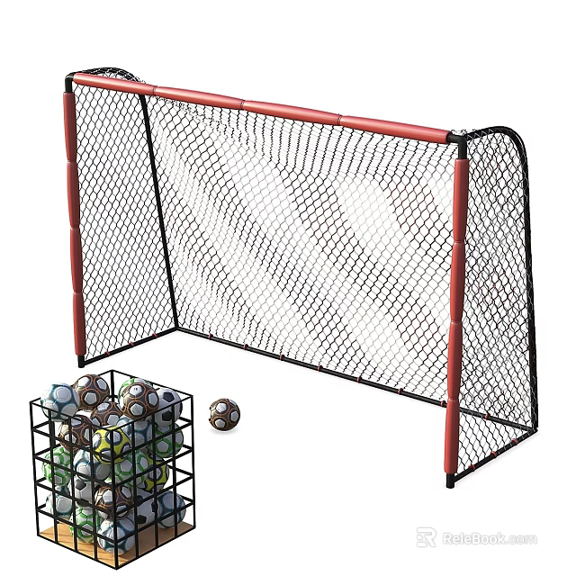 Red Frame Black Net Soccer Goal With Metal Ball Basket And Multiple Soccer Balls 3d model 