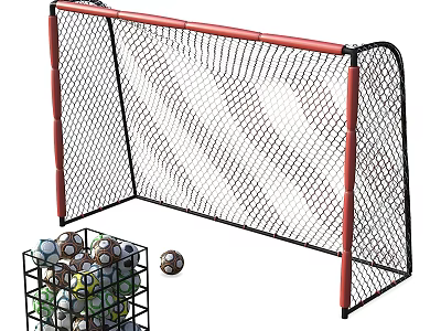 Red Frame Black Net Soccer Goal With Metal Ball Basket And Multiple Soccer Balls 3d model