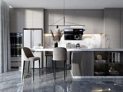 Modern Kitchen Interior With Sleek Cabinets Island Counter Hanging Light And Bar Stools 3d model