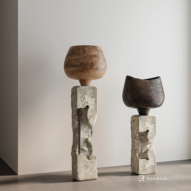 Modern Minimalist Decorative Ornament Set with Wooden Top and Stone Base 3d model 